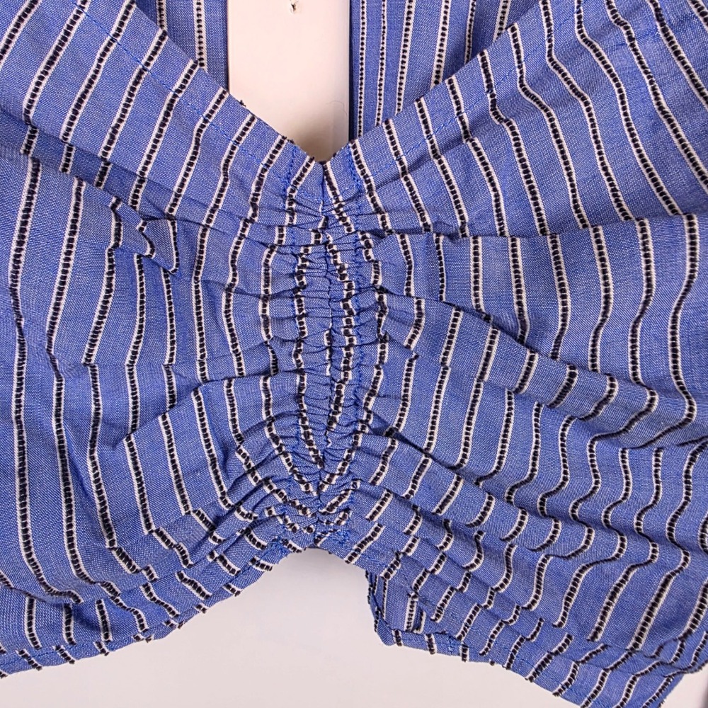 Just Bee Queen Blue Striped Ruched Crop Top Portrait Collar XS New Nautical - Picture 9 of 10